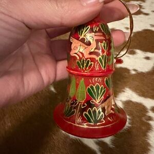 Hand-Painted Red Bell Ornament with Green Accents
